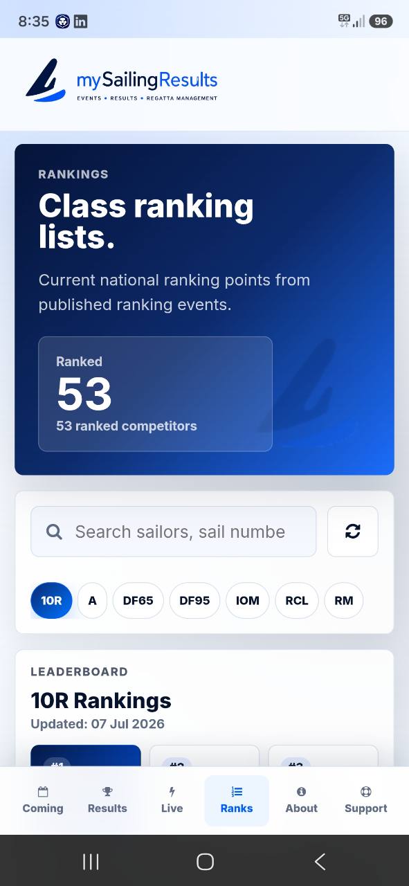 mySailingResults app Rankings screen